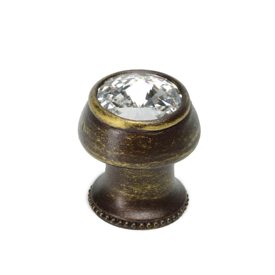 Carpe Diem Hardware Cache Round Knob With Flared Foot With An Rivoli Swarovski Clear Crystals In Antique Brass.