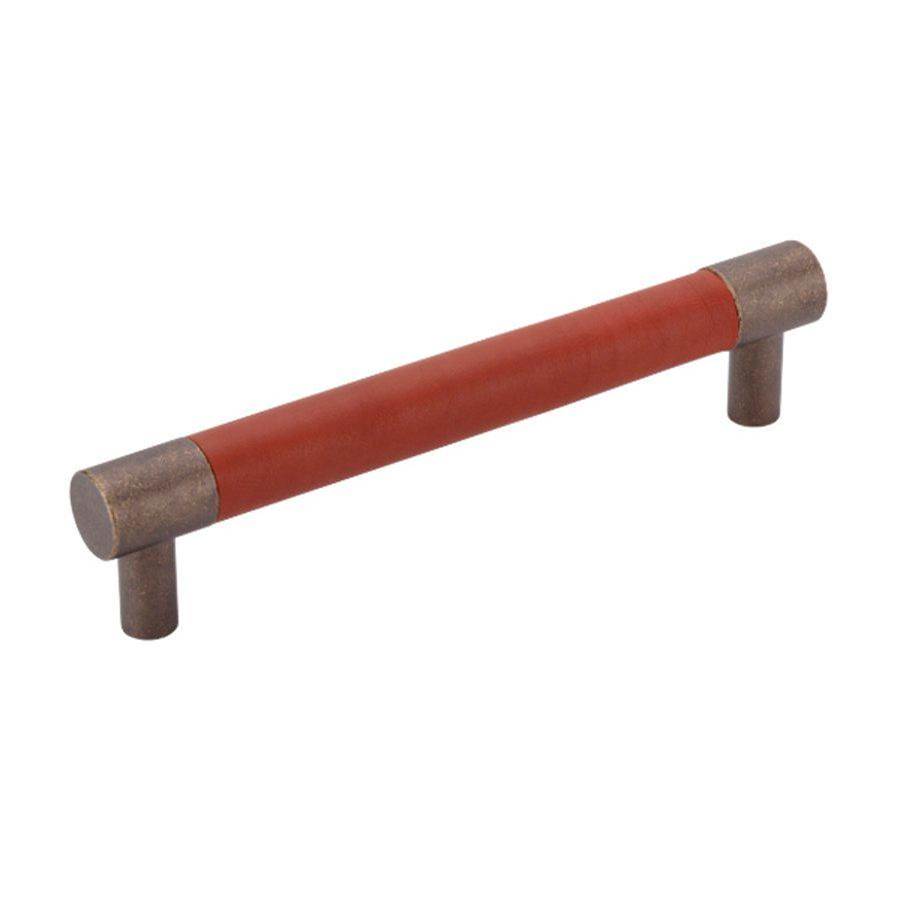 Colonial Bronze Leather Accented Round Appliance Pull, Door Pull, Shower Door Pull With Straight Posts, Nickel Stainless x Woven Cherry Royale Leather