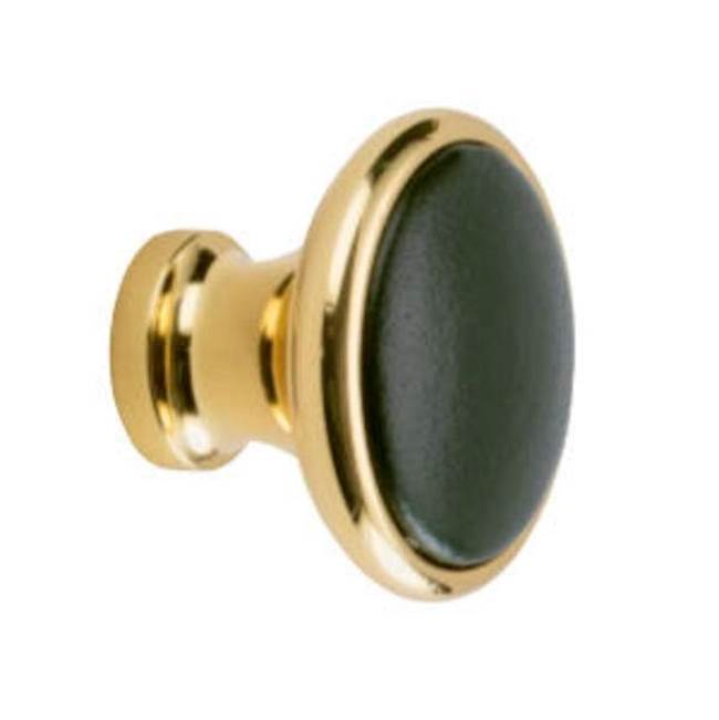 Colonial Bronze Leather Accented Round Cabinet Knob, Polished Brass x Sulky Antique White Leather