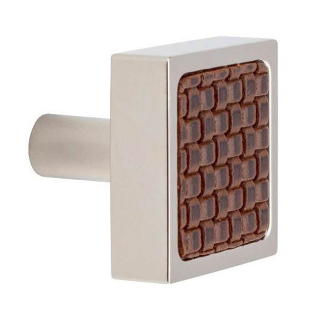 Colonial Bronze Leather Accented Square Cabinet Knob With Straight Post, Frost Nickel x Shagreen Gris Ligero Leather