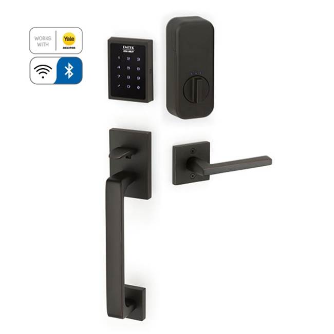 Emtek Electronic EMPowered Motorized Touchscreen Keypad Smart Lock Entry Set with Baden Grip - works with Yale Access, Rustic Lever, LH, US10B