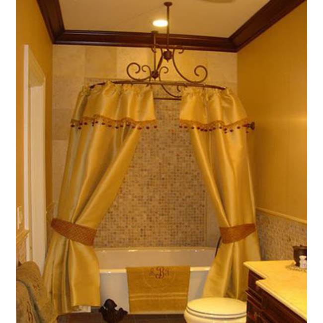 Herbeau ''Art Nouveau'' Shower Curtain Bar with 2 ceiling mount supports and 1 wall mount support in French Weathered Brass