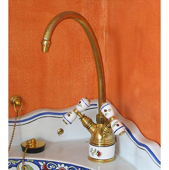 Herbeau ''Verseuse'' Deck Mounted Mixer with White or Handpainted Earthenware Handles in Vieux Rouen, Old Gold