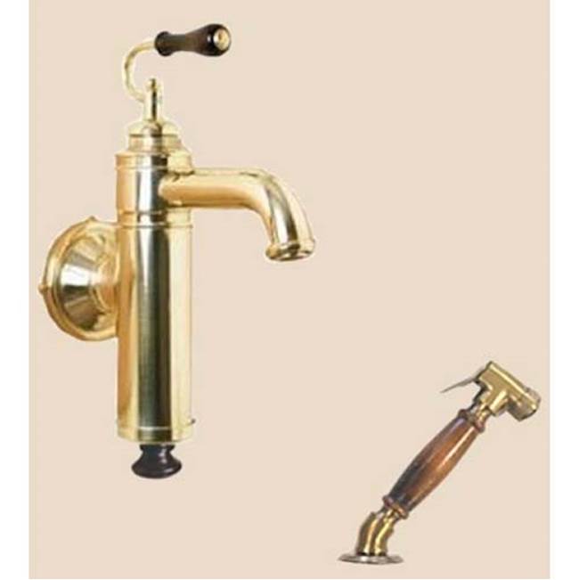 Herbeau ''Estelle'' Wall Mounted Single Lever Mixer with Ceramic Disc Cartridge and Deck Mounted Handspray in White Handles, Antique Lacquered Brass