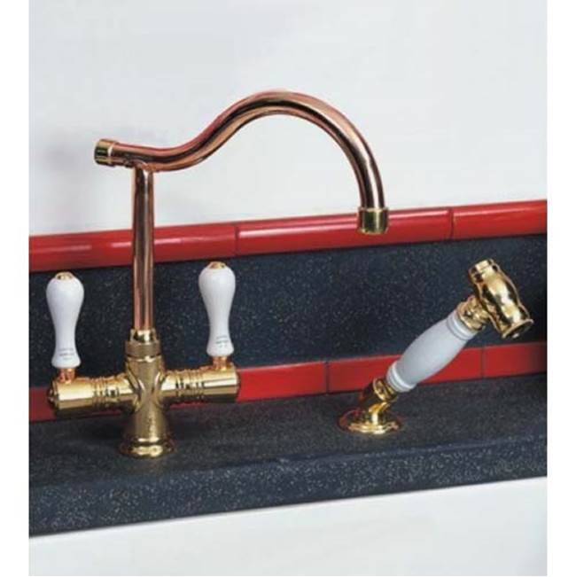 Herbeau ''Ostende'' Single-Hole Mixer with Handspray in Wooden Handles, Weathered Brass