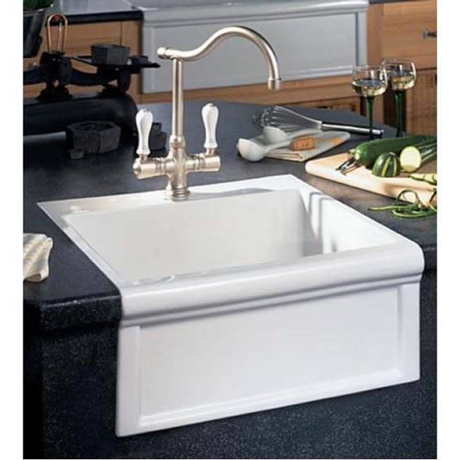 Herbeau ''Petite Luberon'' Fireclay Farmhouse Sink in Moustier Polychrome, French Ivory background