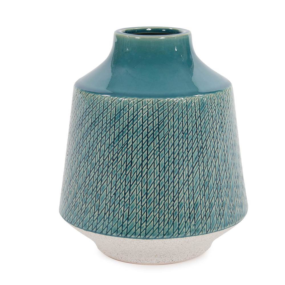 Howard Elliott Howard Elliott Cross Hatched Sea Blue Ceramic Round Vase