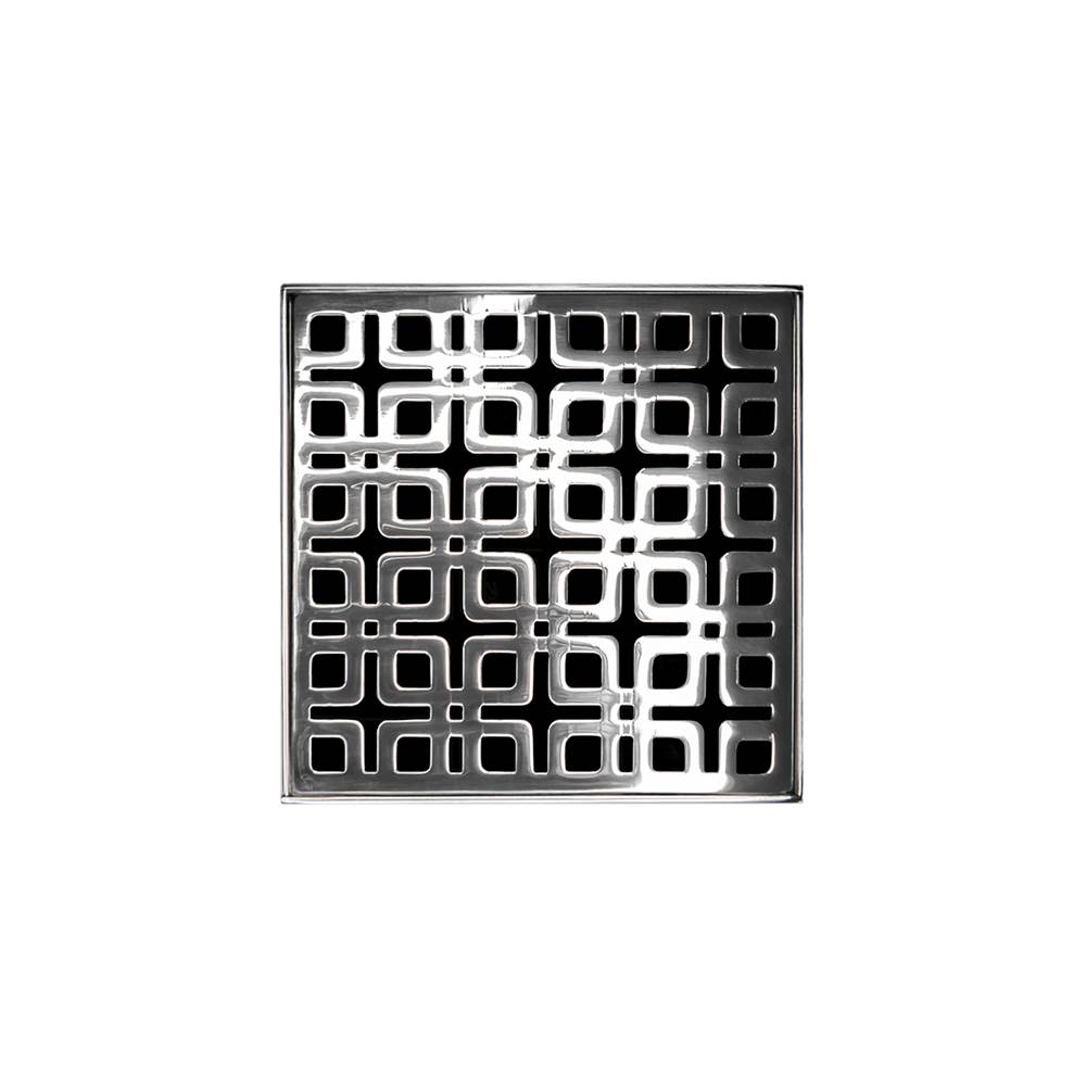 Infinity Drain 4'' x 4'' KDB 4 Complete Kit with Link Pattern Decorative Plate in Polished Stainless with ABS Bonded Flange Drain Body, 2'', 3'' and 4'' Outlet