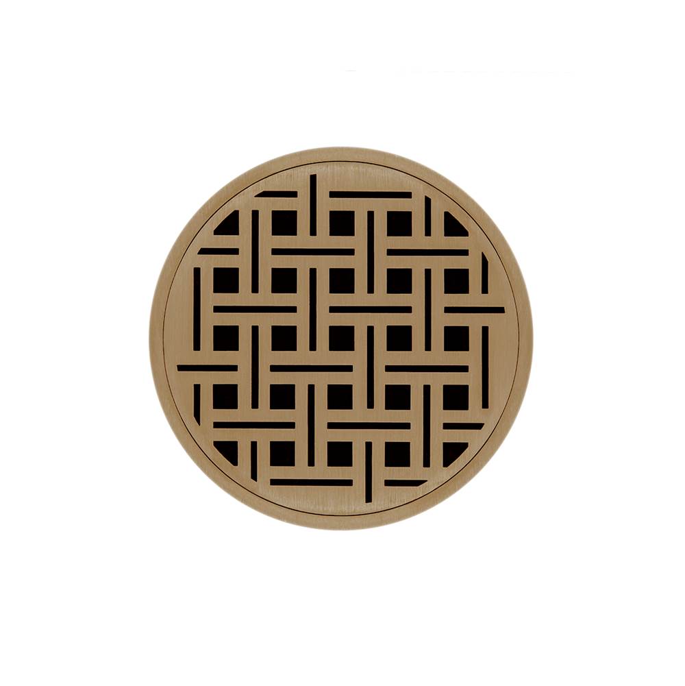 Infinity Drain 5'' Round RVD 5 Complete Kit with Weave Pattern Decorative Plate in Satin Bronze with Cast Iron Drain Body, 2'' Outlet