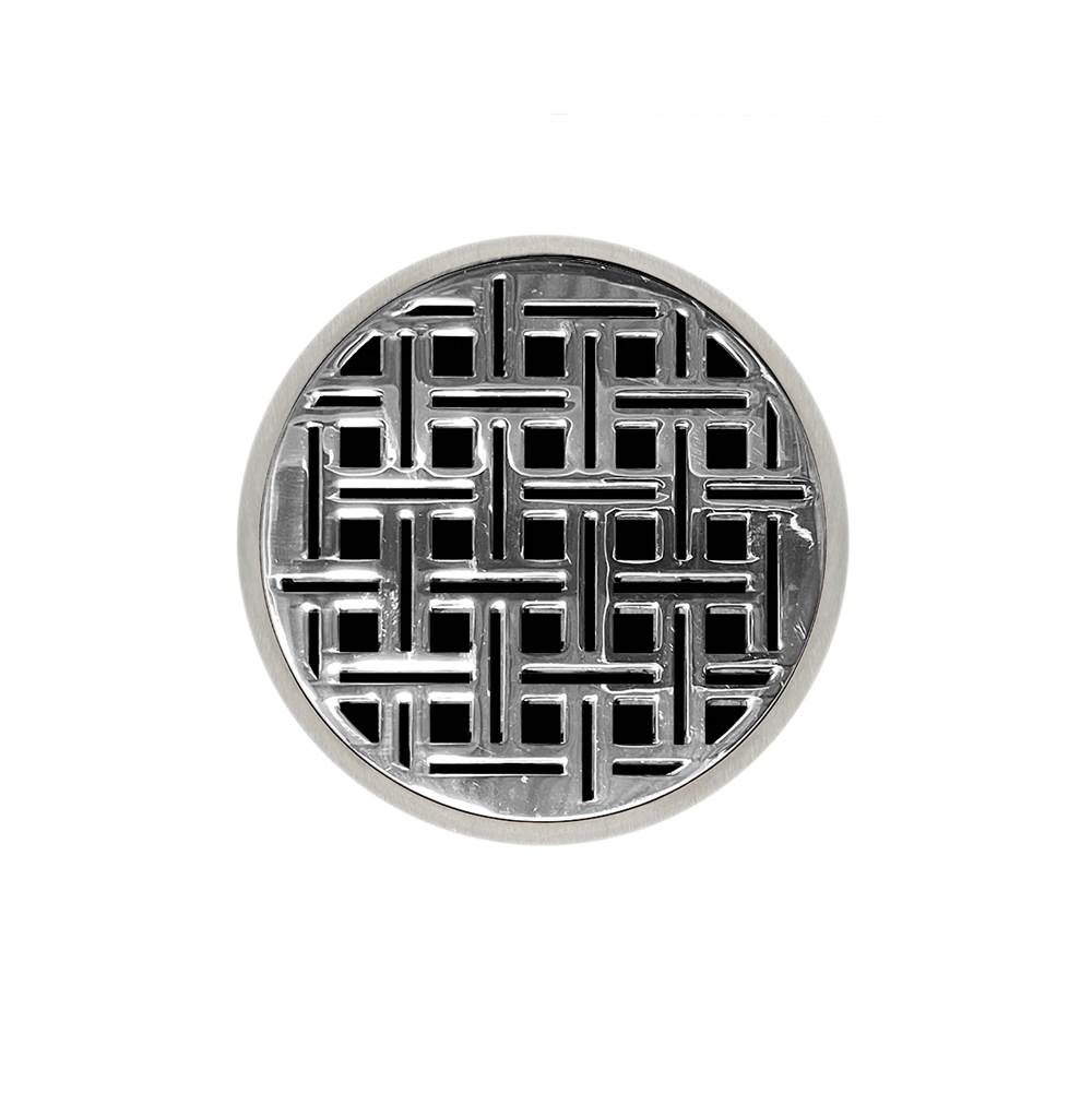 Infinity Drain 5'' Round RVD 5 High Flow Complete Kit with Weave Pattern Decorative Plate in Polished Stainless with Cast Iron Drain Body, 3'' No-Hub Outlet