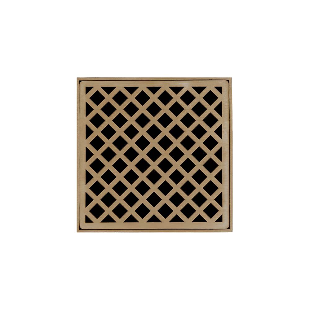 Infinity Drain 5'' x 5'' XDB 5 Complete Kit with Criss-Cross Pattern Decorative Plate in Satin Bronze with Stainless Steel Bonded Flange Drain Body, 2'' No Hub Outlet