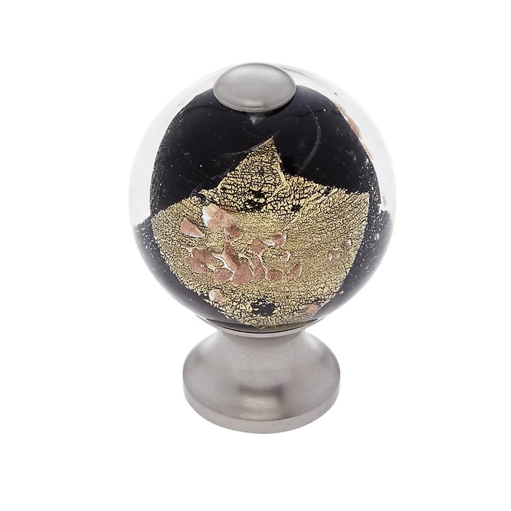 JVJ Hardware Murano Collection Satin Nickel Finish 30 mm Black w/Gold and Silver Round Glass Knob, Composition Glass and Solid Brass