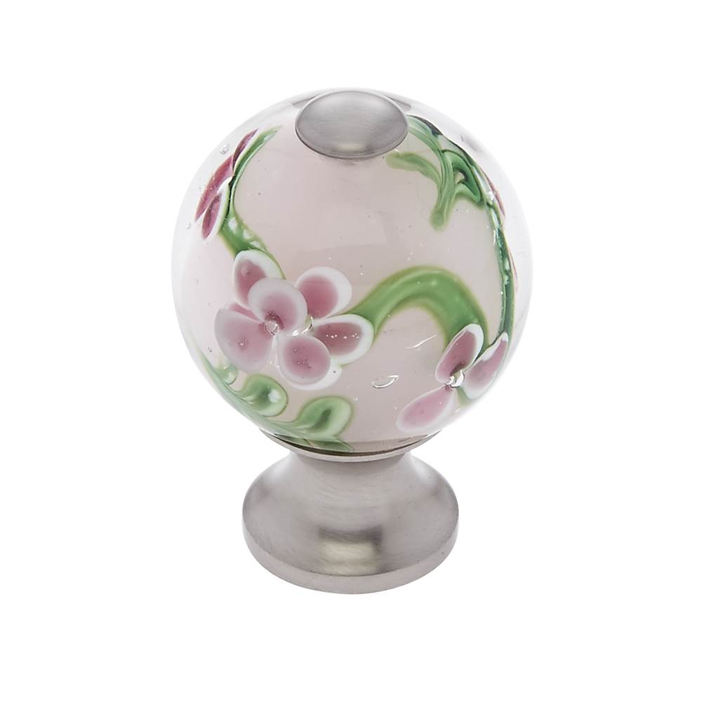 JVJ Hardware Murano Collection Satin Nickel Finish 30 mm Clear w/Purple Flowers Round Glass Knob, Composition Glass and Solid Brass