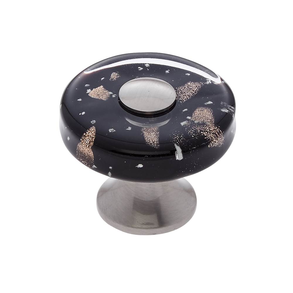 JVJ Hardware Murano Collection Satin Nickel Finish 35 mm Black w/Copper Flecks Flat Round Glass Knob, Composition Glass and Solid Brass