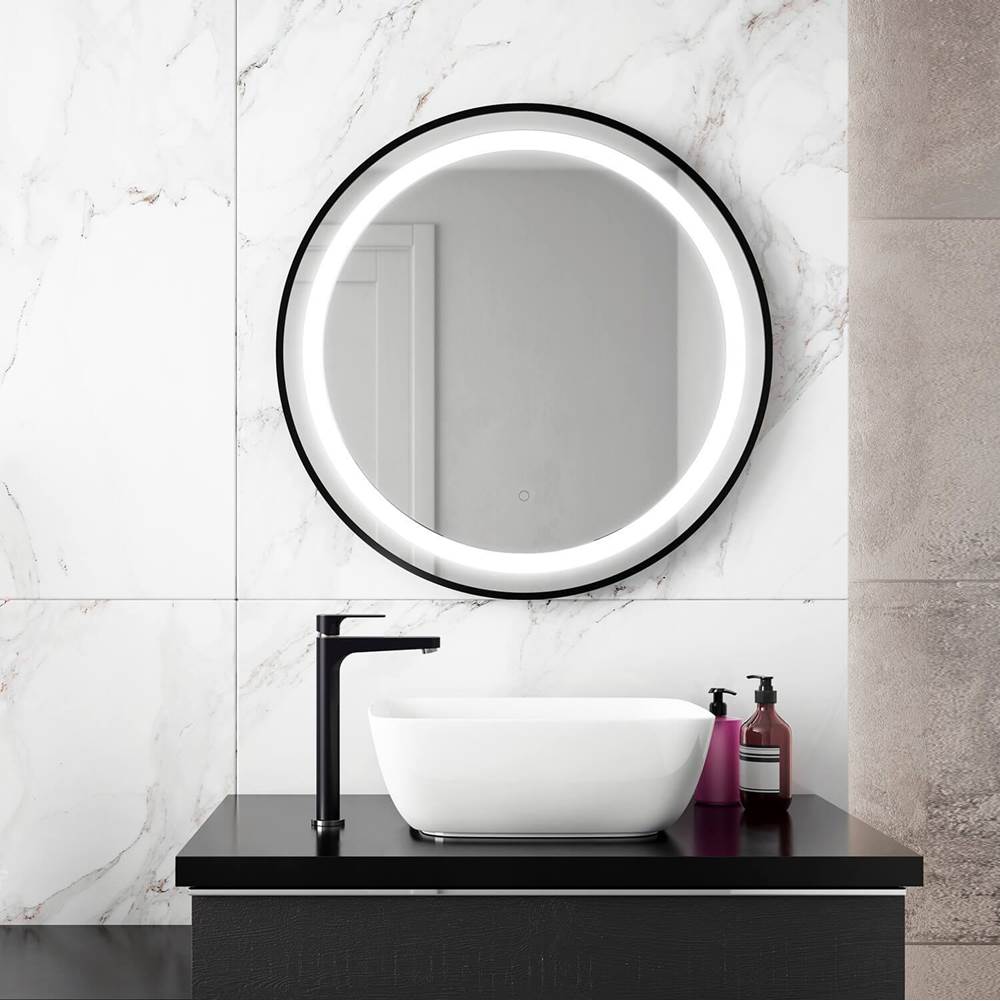 Kalia EFFECT LED Illuminated Round Mirror with Frosted Strip, Black Frame and Touch-Switch for Color Temperature Control Ø30 x 1 5/8