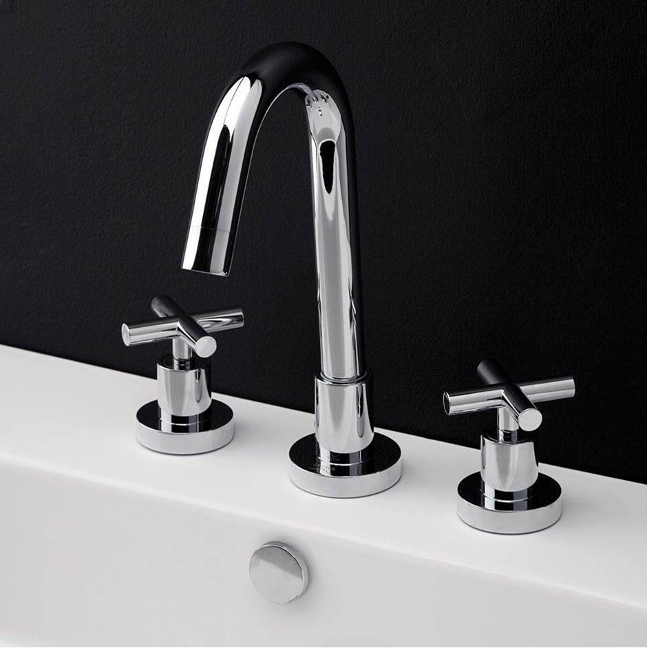 Lacava Deck-mount three-hole faucet with a goose-neck swiveling spout, two cross handles, and a pop-up drain.