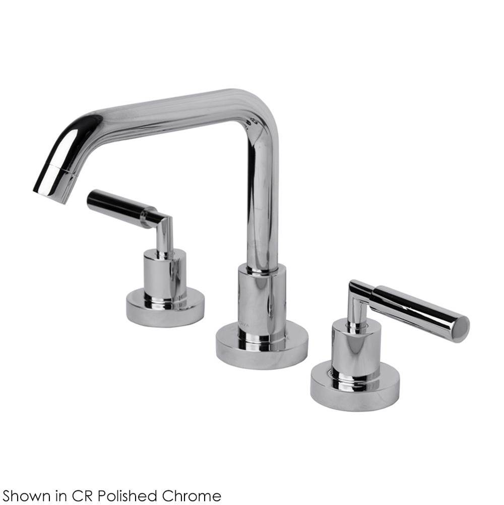 Lacava Deck-mount three-hole faucet with a square-neck swiveling spout, two lever handles, and a pop-up drain.
