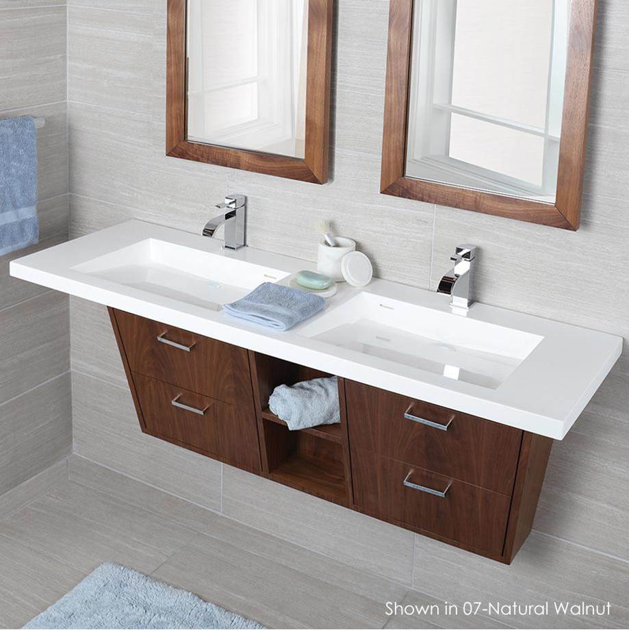 Lacava Wall mount under counter vanity with two open cubbies, four flip open doors, LED light, and polished chrome pulls.