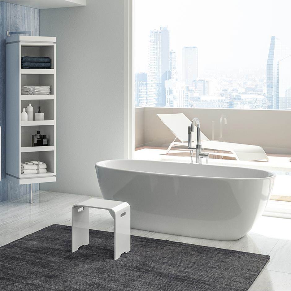 Lacava Free-standing soaking bathtub made of white solid surface with an overflow and a decorative solid surface drain; net weight 298 lbs