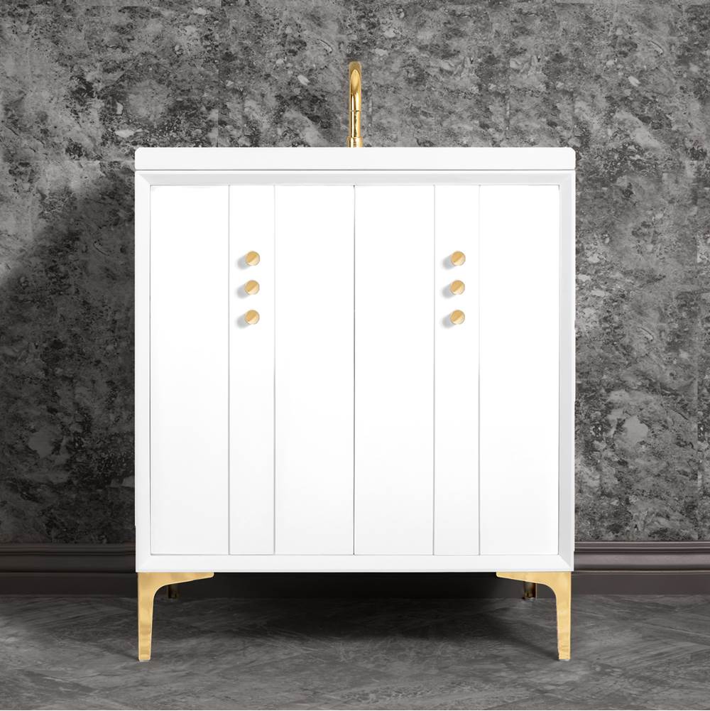 Linkasink Tuxedo 30'' Wide White Vanity with Polished Brass Buttons and Hardware
