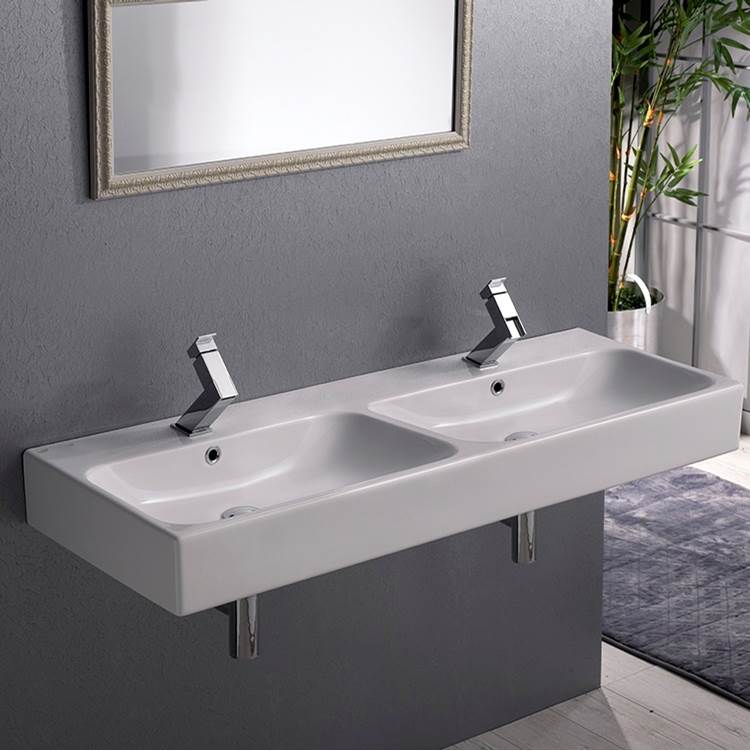 Nameeks Double Rectangular Ceramic Wall Mounted or Vessel Sink