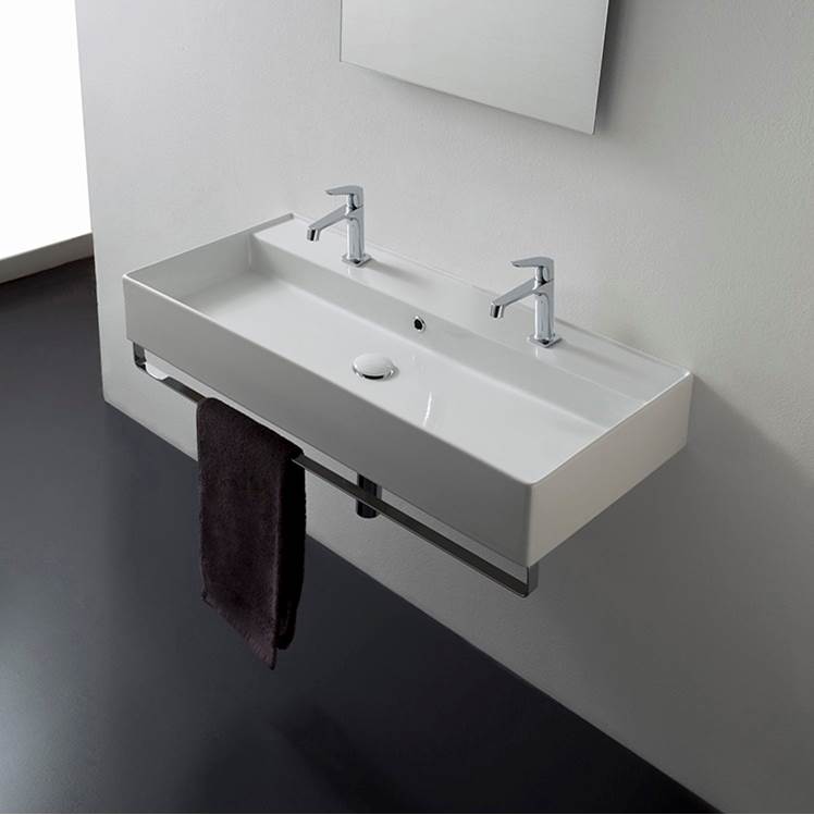 Nameeks Wall Mounted Double Ceramic Sink With Polished Chrome Towel Bar