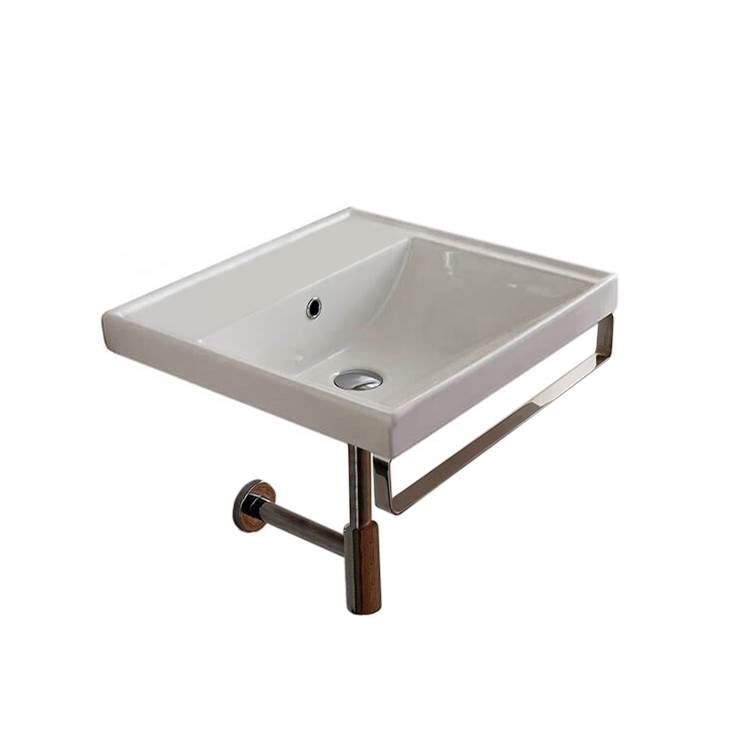 Nameeks Square Wall Mounted Ceramic Sink With Polished Chrome Towel Bar