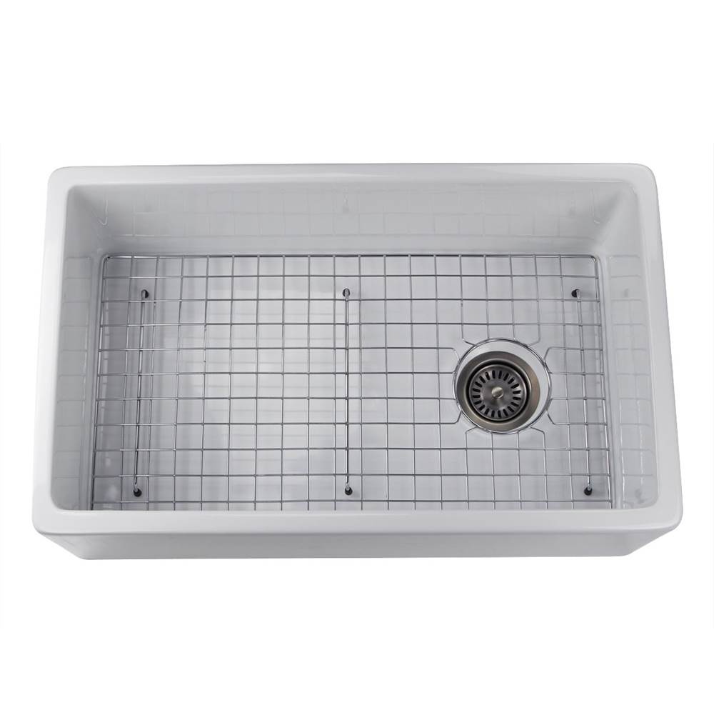 Nantucket Sinks 30 Inch White Fireclay Farmhouse Sink Offset Drain with Grid