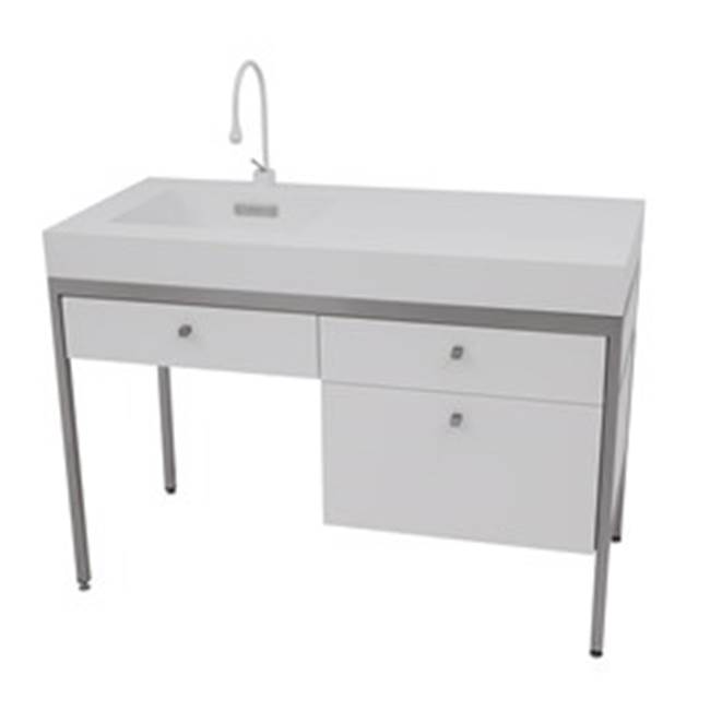 Neo-Metro by Acorn X 4 cast gloss white solid surface countertop with integrated 17 X 14 X 4 basin, brushed stainless steel console frame, total height console and cou