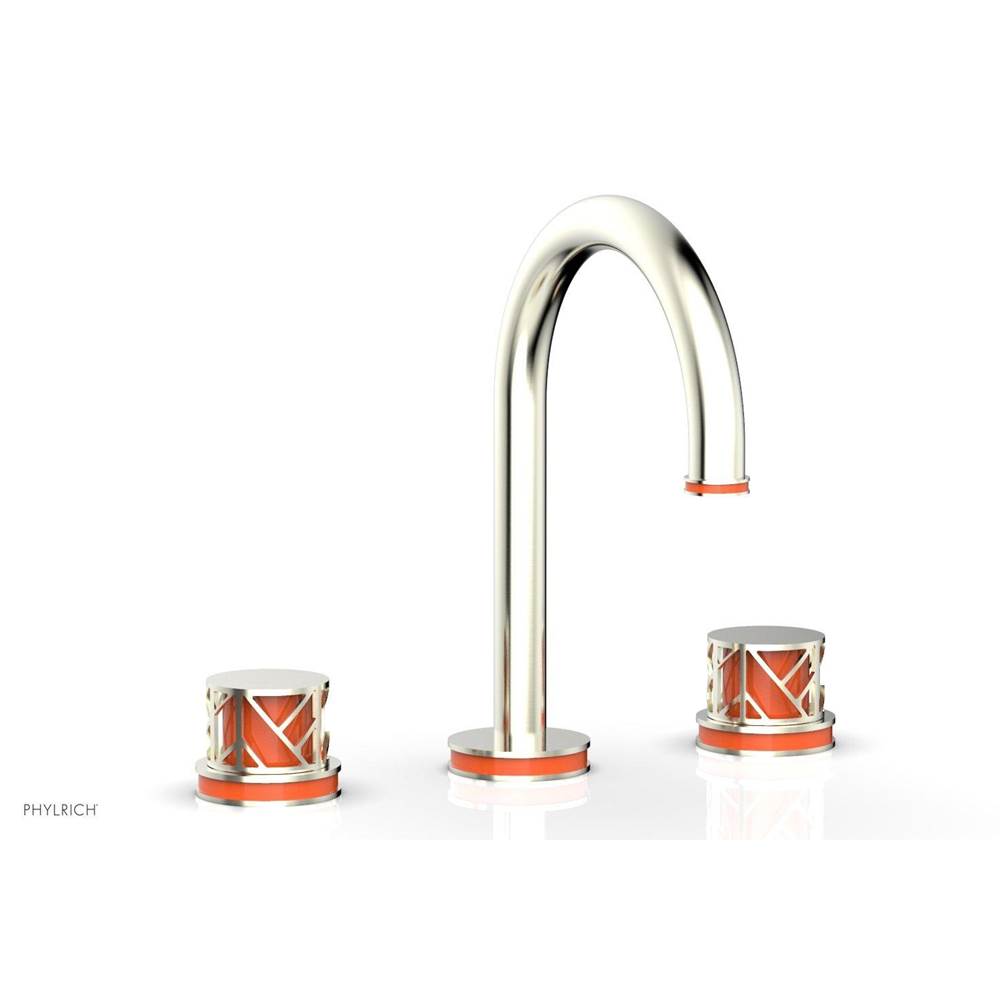Phylrich Satin Nickel Jolie Widespread Lavatory Faucet With Gooseneck Spout, Round Cutaway Handles, And Orange Accents - 1.2GPM