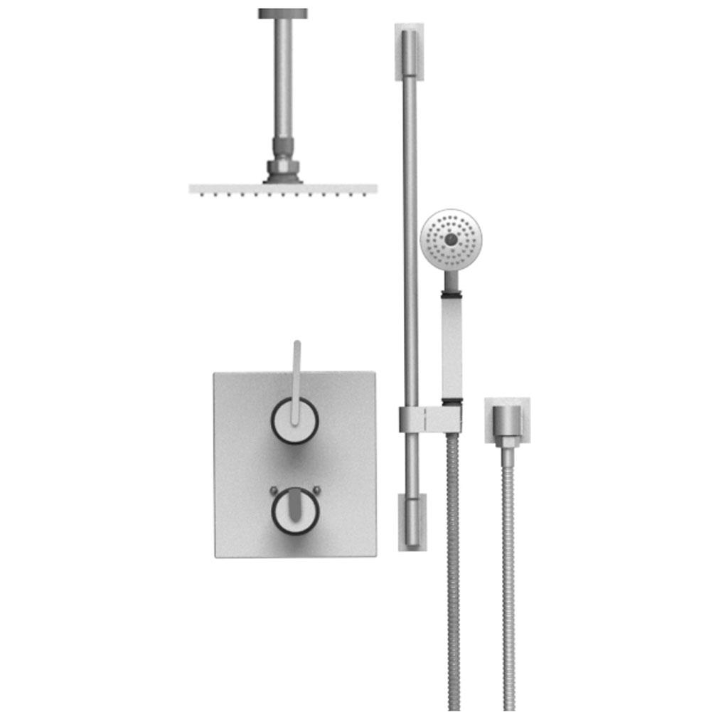 Rubinet Temperature Control Shower With Two Way Diverter & Shut-Off, Hand Held Shower, Bar, Integral Supply & Fixed Shower Head & Arm, 8'' Ceiling Mount, Trim