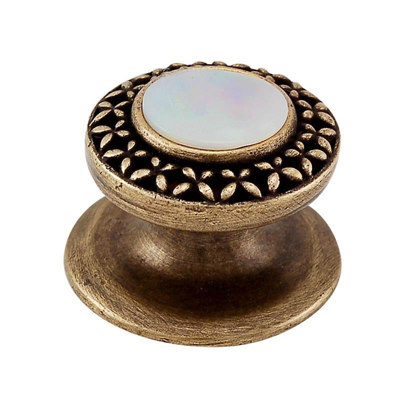 Vicenza Designs Gioiello, Knob, Small, Round, Stone Insert, Style 4, Mother of Pearl, Antique Brass